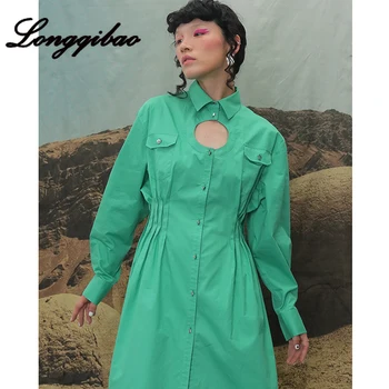 

Longqibao women's new autumn long-sleeved geometric round hollow pleated waist cotton fashion shirt dress women's clothes