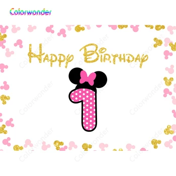 

Baby Girl Happy I Year Old Birthday White Backgrounds Pink One with Black Minnie Mouse Ears and Bow Backdrops for Newborn Party