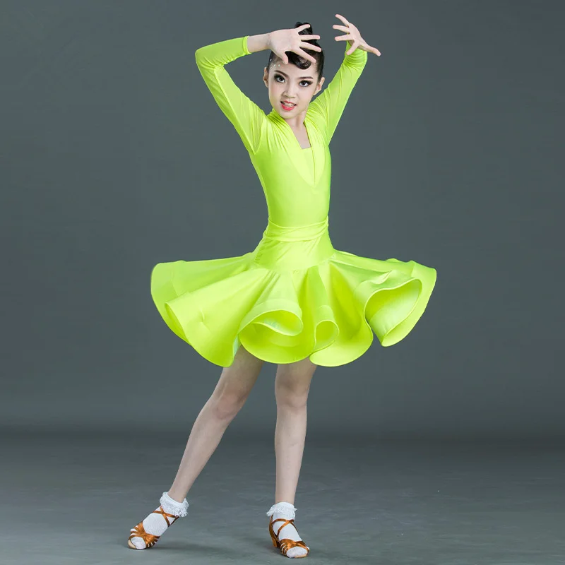 Fluorescent yellow Карнавальный костюм для танцев в стиле джаз для девочек; Детские Современные вечерние платья для латинских танцев; детское платье для танцев; Одежда для девочек - Цвет: Fluorescent yellow