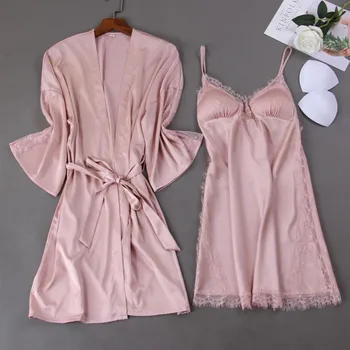 

Bride Bridesmaid Wedding Robe Sexy Lady 2PCS Sleepwear Lace Homewear Kimono Gown Nighty&Robe Set Satin Silky Intimate Lingerie