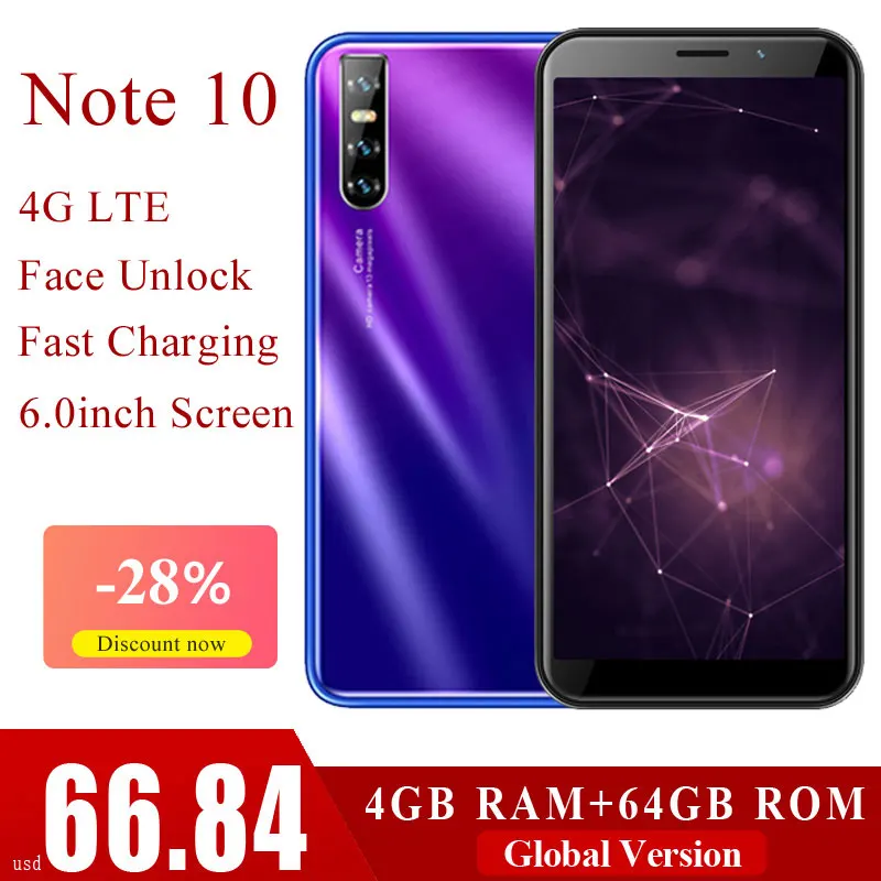 Global Version Note 10 Mobile Phone Android 4G LTE Quad-Core 4GB RAM 64GB ROM Smart phones 6.0 inch Full Screen Face ID Unlocked | Мобильные