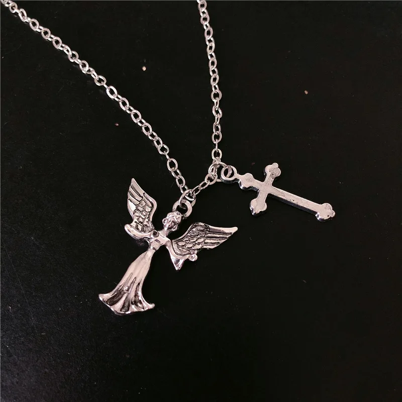 

Fashion old winged angel cross necklace sexy hip hop men and women retro necklace hot sale