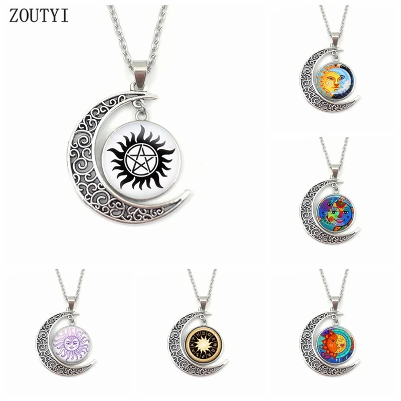 2019/Гламурная Мода солнце лицо луна Круглый выпуклый кристалл кулон ожерелье