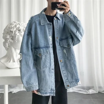 

Autumn New Denim Jacket Men Fashion Washed Solid Color Casual Hole Denim Jacket Man Streetwear Hip Hop Loose Bomber Jacket