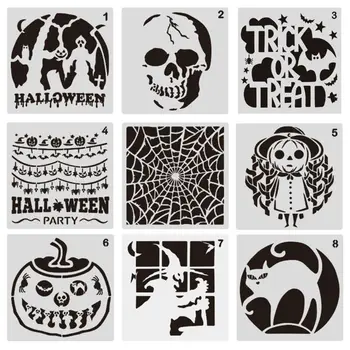 

9 Pieces Plastic Halloween Themes Stencils Scale Template Set,Pumpkin,Skeleton,Witch,Bat,Ghost,Art Drawing Painting Spra