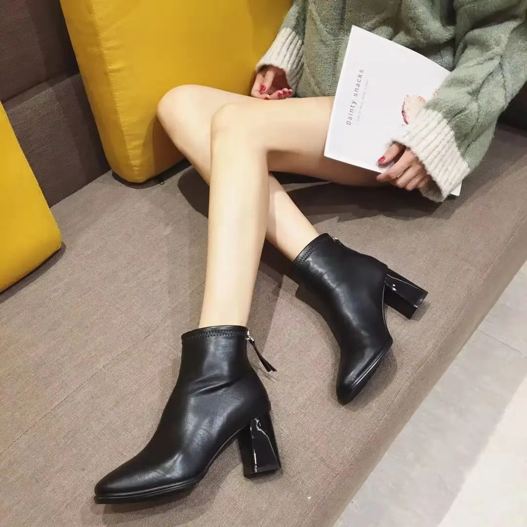 

Short Boots Women's 2019 Autumn & Winter New Style Versatile Semi-high Heeled Chunky-Heel Autumn Ankle Boots Online Celebrity Ma