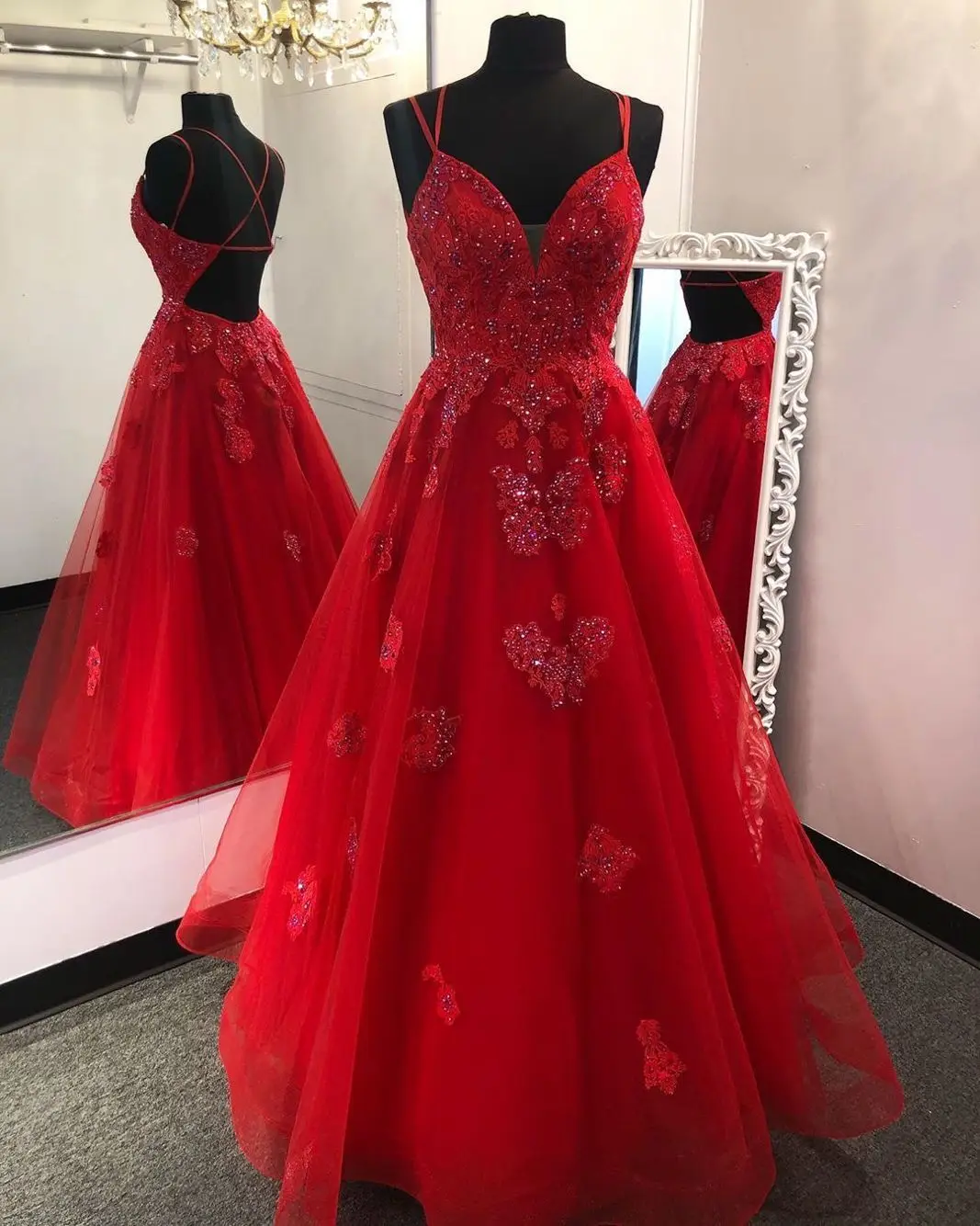 ball gown for women HONGFUYU 2022 Tulle Red Evening Gowns vestidos de gala Spaghetti Straps Prom Dresses Long Appliques Lace Formal Dress Backless sexy evening gowns