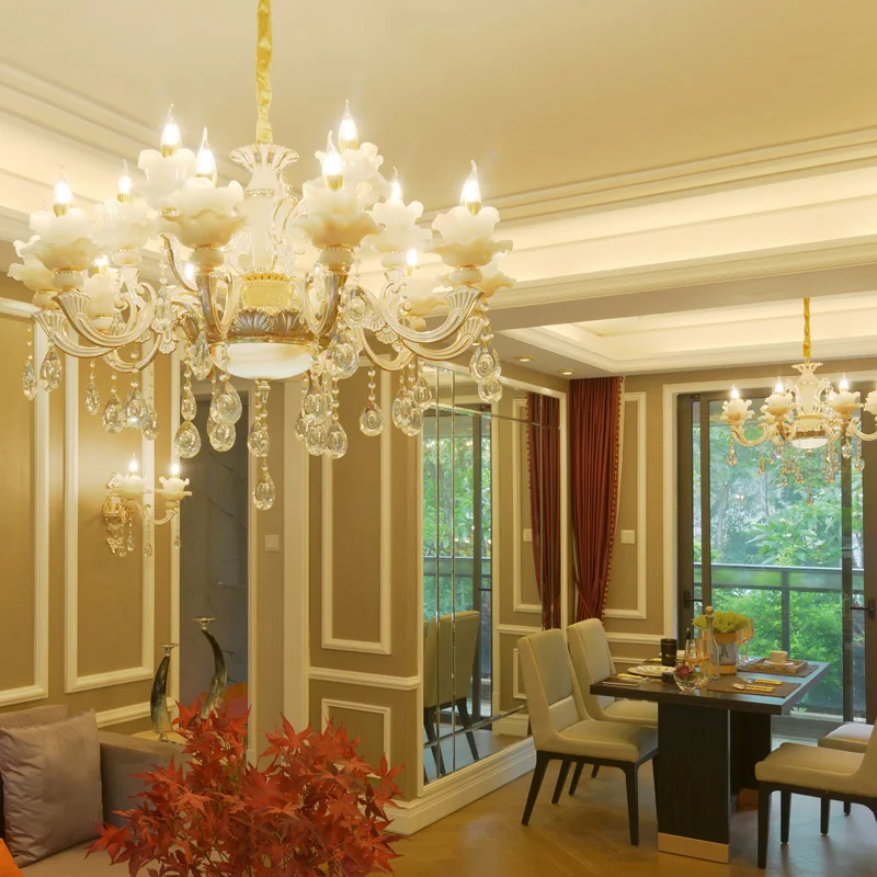European jade crystal chandelier zinc alloy living room pendant lamp villa light 