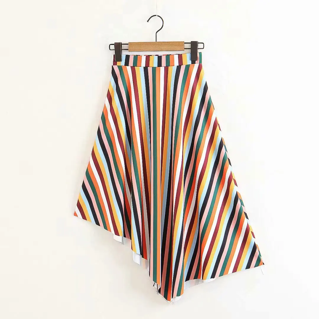 

Stripe Spell Color Non-symmetrical Tailoring High-waisted Slimming A- line Mid-length Drape Skirt WOMEN'S Dress
