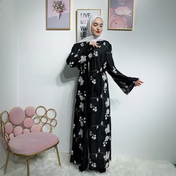 

2019 Fashion Black Printed Floral Robe Arabe Femme Women Muslim Cardigan Abaya Caftan marocain de soir e Jilbab Dress Ramadan