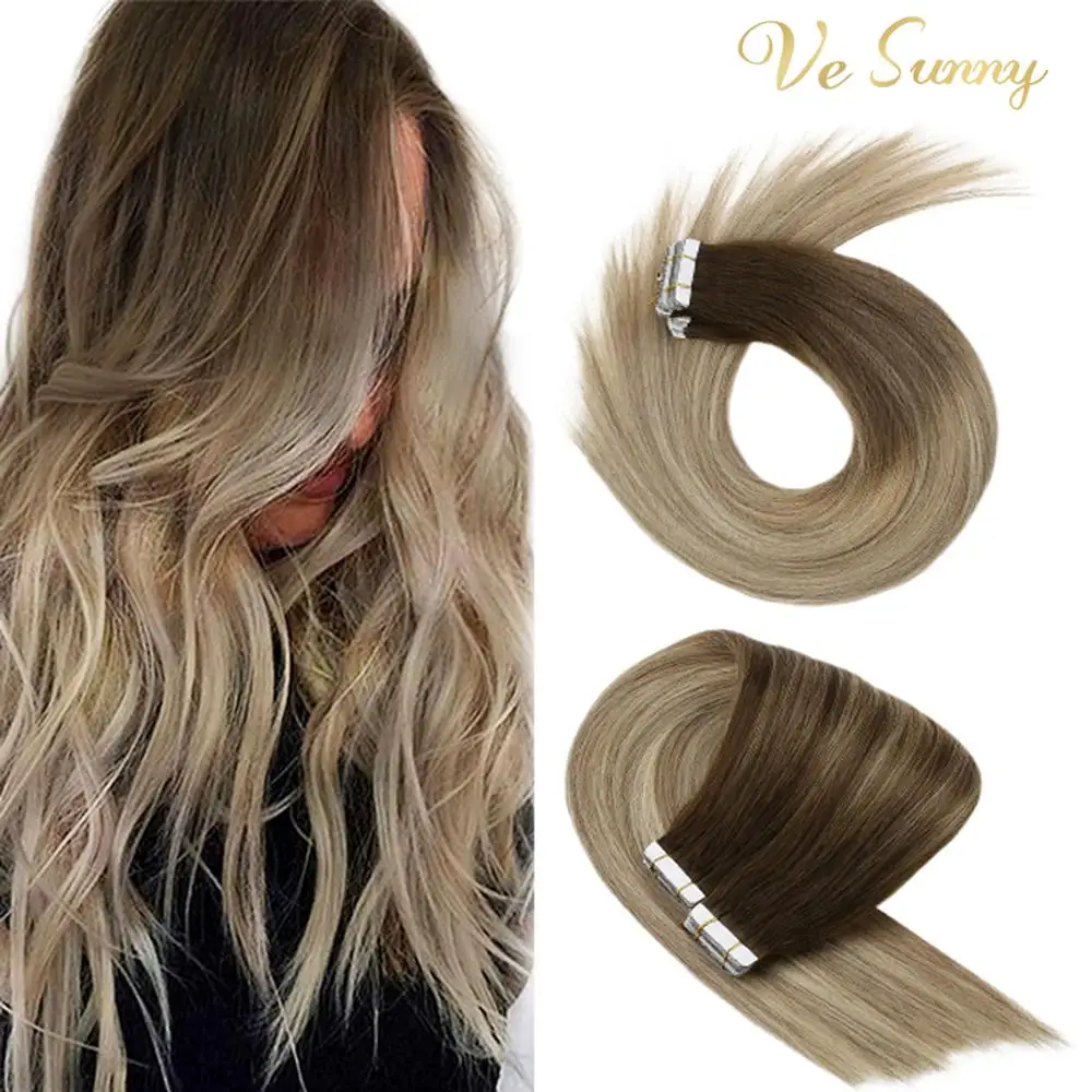 VeSunny-Cinta para extensiones de cabello, cabello humano Real Rubio, máquina de trama de piel sin costuras, pegamento marrón Remy en el cabello, 50g #4/14/60 Gloden