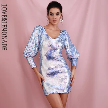 

LOVE & LEMONADE Spring Sexy V-Neck Colorful Elastic Sequin Bodycon Lantern Sleeve Mini Party Dress LM82241