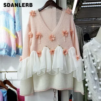 

Elegant Mesh Stitching Sweet Sweater Female 2020 Autumn New Stereo Flower Beaded Color Matching Woolen Sweaters Girls Pullovers