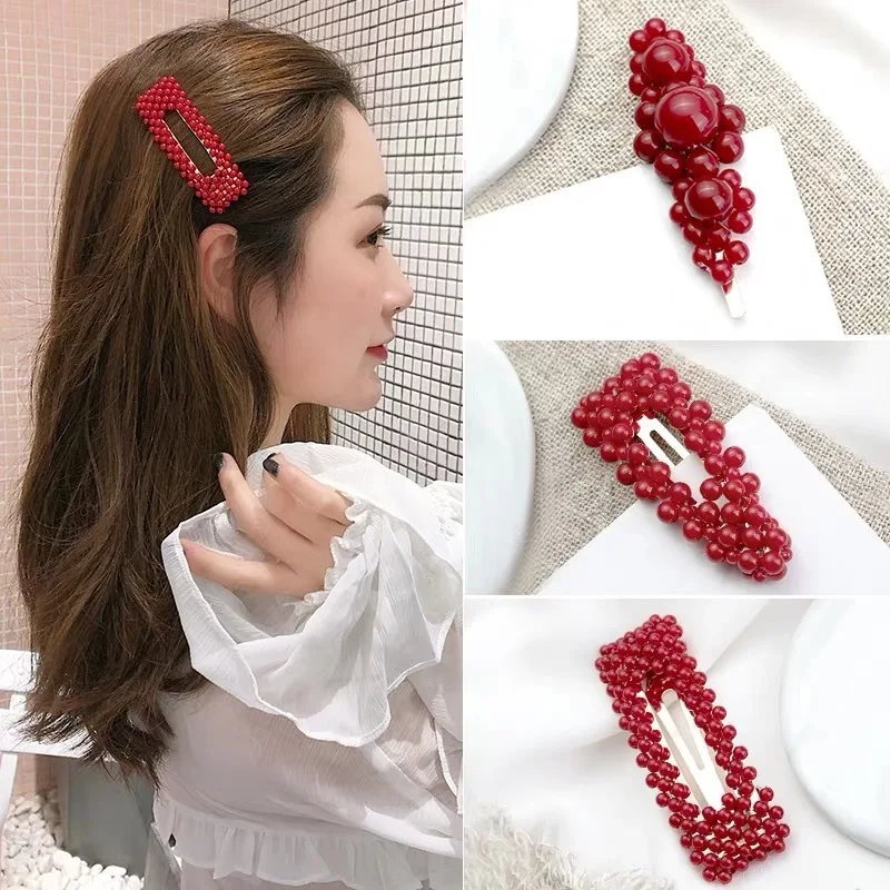 

1Pc Fashion Red Pearl Hair Clip for Women Girls Elegant Korean Design Snap Barrette Stick Hairpin Hair Styling Accessories