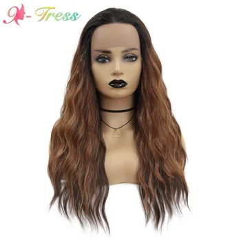 

X-TRESS Ombre Brown Natural Wave Wig 1.5*13.5 Lace Front Synthetic Wigs For Black Women Glueless High Temperature Fiber Hair