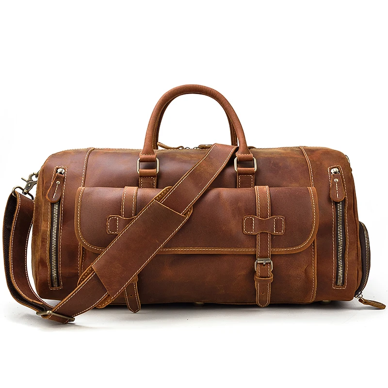 Yellow brown(52CM) Мужская Дорожная сумка из толстой кожи с карманом для обуви 20 дюймов, дизайн, натуральная кожа, сумка для выходных, винтажная, Crazy Horse, кожаная сумка-мессенджер - Цвет: Yellow brown(52CM)