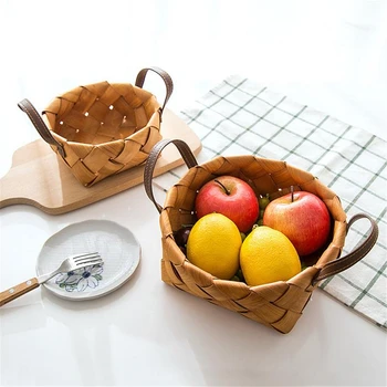 

Handmade Woven Bread Fruit Egg Storage Basket Double Ear Wood Chip Woven Storage Box Round Food Tray With Portable Storage Bag