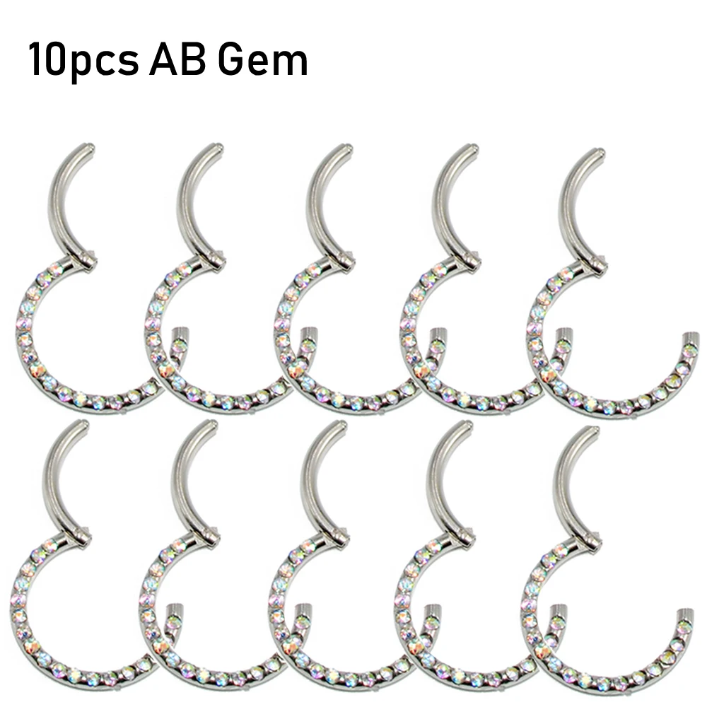 10PCS AB Gem 10 шт хирургические стальные перегородки Кликер Кристалл Нос кольцо Лабрет губы кольцо уха трагус спираль серьги, Надеваемые На ушной хрящ Ювелирное Украшение для пирсинга соска - Окраска металла: 10PCS AB Gem