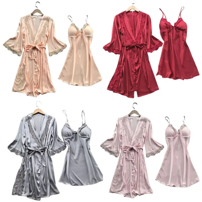 

Womens Imitation Silk Sexy Kimono Robe Nightdress 2Pcs Sleepwear Set Solid Color Floral Lace Patchwork Pajama Camisole Nightgown