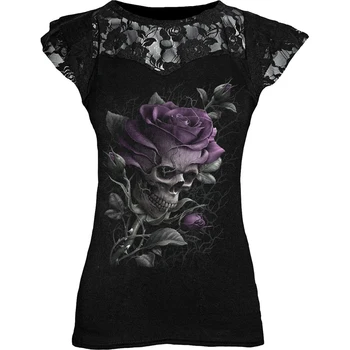 Gothic Punk Plus Size Black Graphic Lace Rose T shirts Women Y2K Clothes Grunge Short