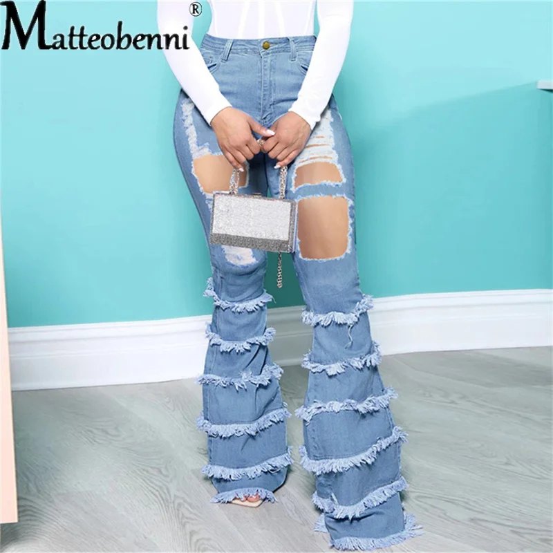 

Пикантные женские рваные узкие джинсы, 2021, модные повседневные расклешенные брюки с высокой талией, с дырками и кисточками в уличном стиле