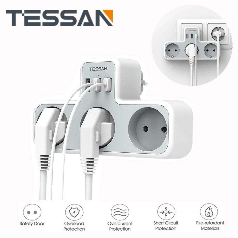 Удлинитель настенной розетки TESSAN с 3 розетками переменного тока и USB-портами для