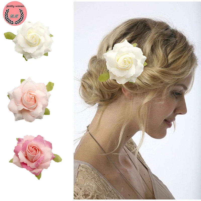 

Rose Flower Head Wedding Bridal Hair Accessories for Women Manual Simulation Glitter Fashion Side Clip Holiday Headdress