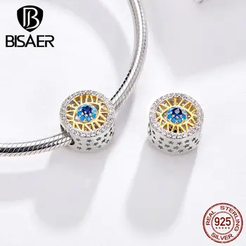 

BISAER 925 Sterling Silver Gold Edging Guardian Evil Eye Charms DIY Jewelry Making Fit Pan Charms Bracelet Necklaces GAC080