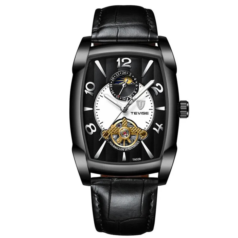 Мужские механические часы для мужчин модные автоматические часы для мужчин Moon Phase прямоугольные кожаные Наручные часы Tourbillon часы - Цвет: Черный