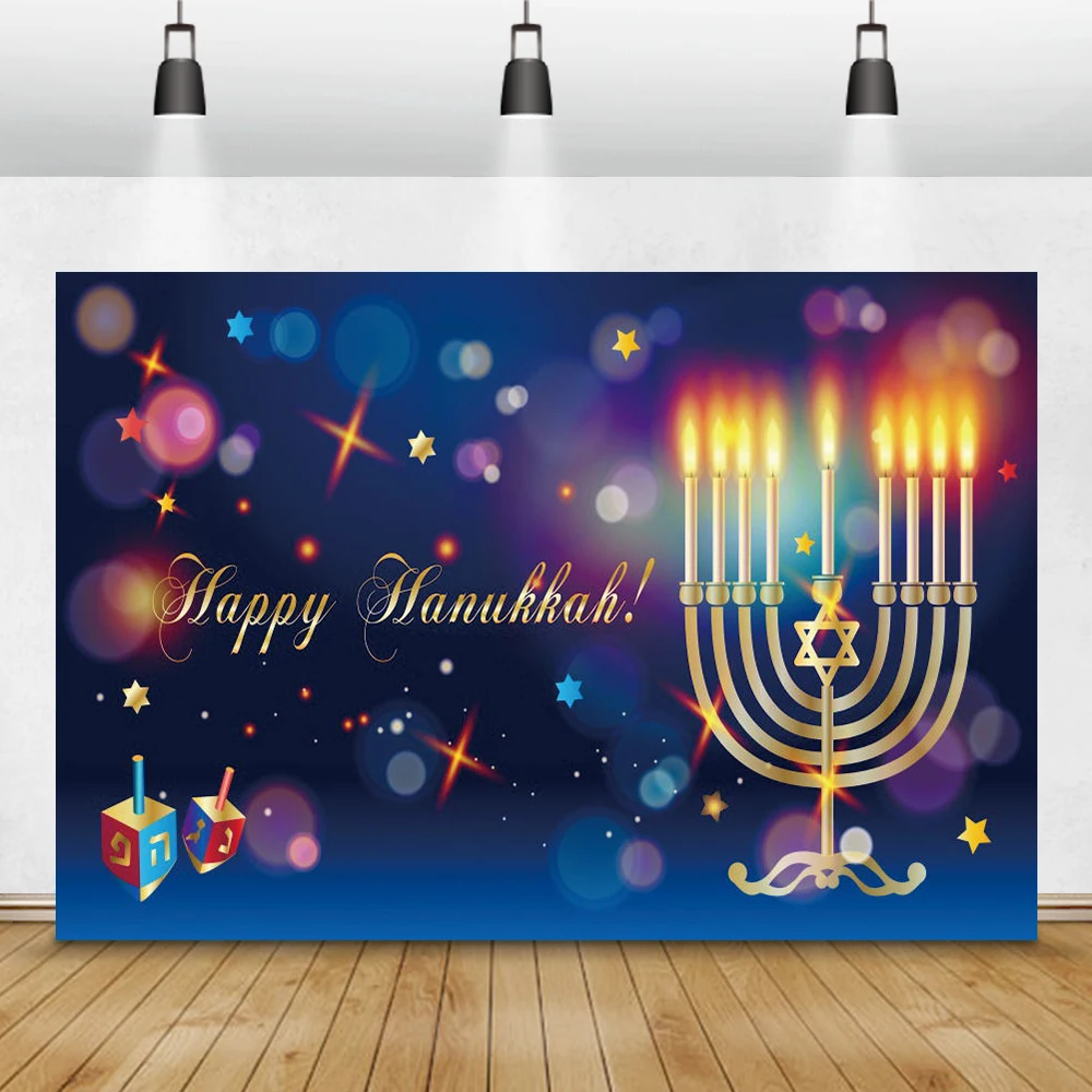 Laeacco Happy Hanukkah Background 7x5ft Jewish Holiday Photography Backdrop Cartoon Red Candlesticks Honey Shofar Flowers Coins Herbs Dessert Cakes Holy Festive Greet Portrait Shoot Decor Poster
