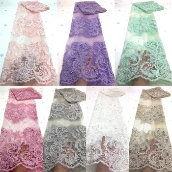 

Hot Sale Beautiful African Lace Fabriac New Embroidered Lace Trim sequins Lacer beads Lace Fabrics For Weddig Dress