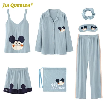 

New Cartoon Printing Long Sleeve Long Pants Sleepwear Fashion Style Casual Style Loungewear Woman Spring Autumn 7 Pieces Blue