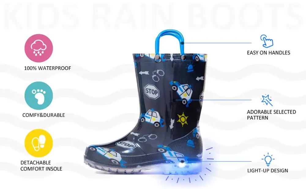 Outee Adorable Printed Waterproof Rubber Rain Boots for Toddler and Kids 