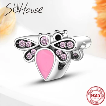 

Fit Original charms women Bracelet 925 Sterling Silver Little bee charms bead pink enamel Anniversary Jewelry Gift
