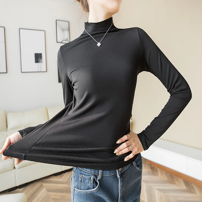 

Autumn Winter New Tshirts Women Long Sleeves Sexy Tops Casual Fashion Slimming Heating Fabric Soft Warm Solid Color Undershirt