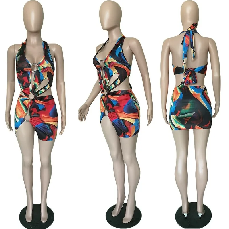 Colorful Print Slit Cut Out Dress Women 