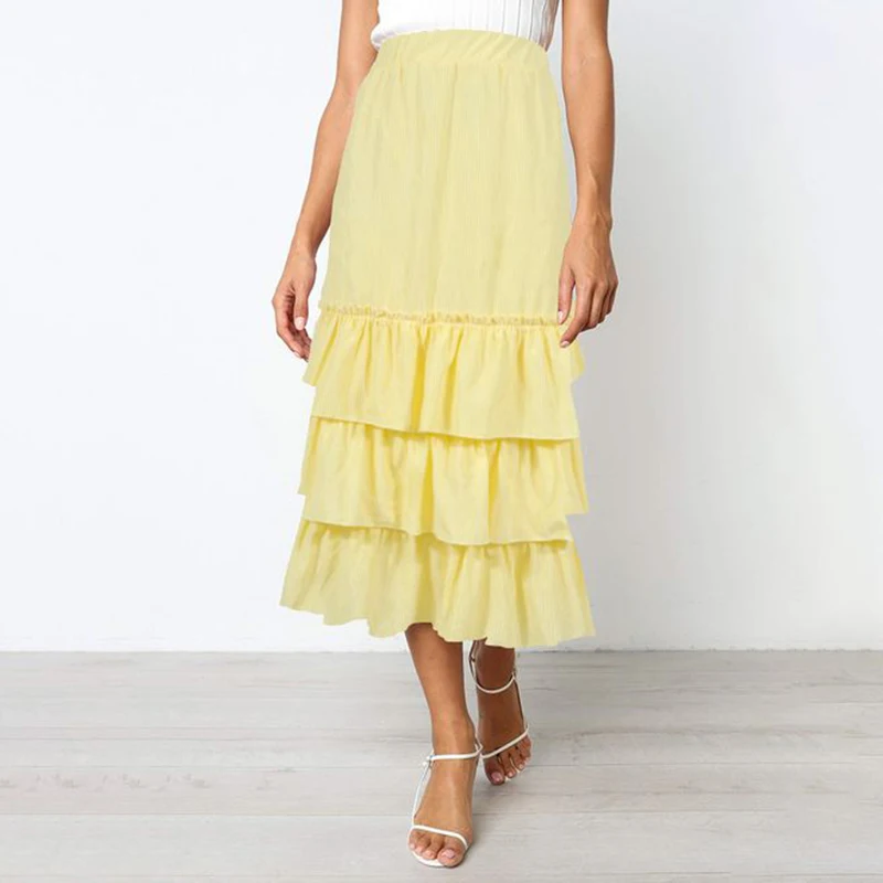 

2020 New Summer Elegant Striped Ruffles Patchwork Skirts Women Zipper Elastic High Waist Pleated Long Skirt Casual Loose Skirt