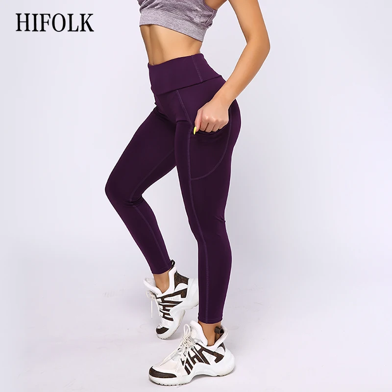 HIFOLK Fitness Women Leggings High Waist Push up Workout Leggings with Pockets Patchwork Design Leggins Polyester Elastic Pants