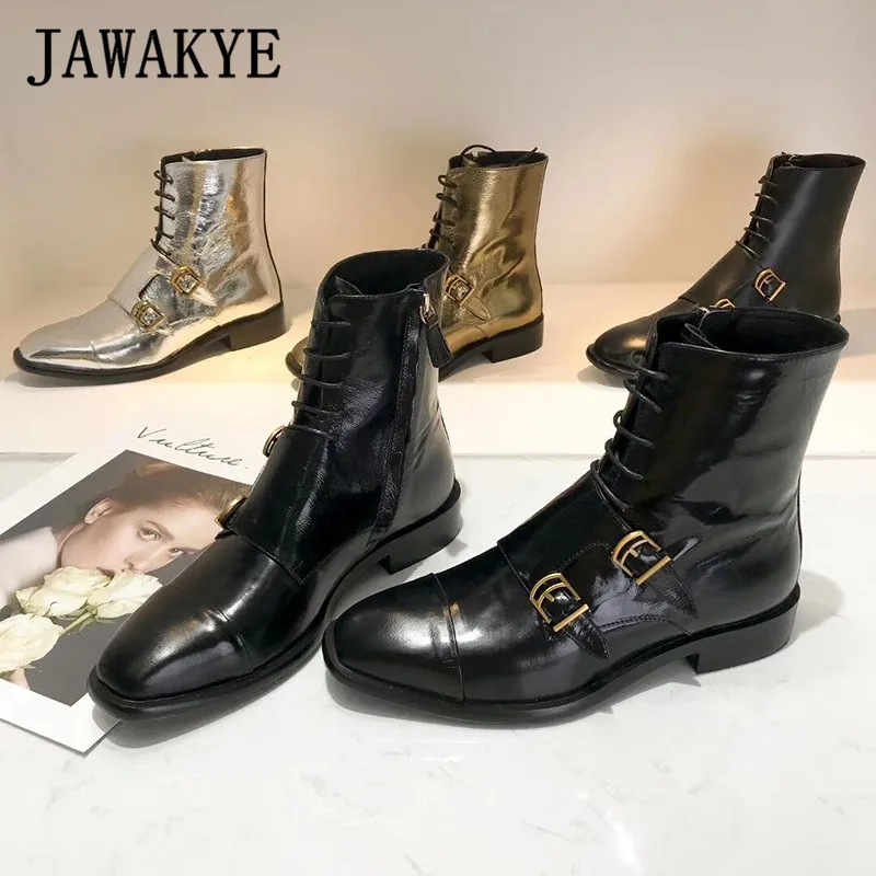 JAWAKYE из натуральной кожи; ботильоны с пряжкой Для женщин, с квадратным носком, на застежке-молнии, полусапожки, Женская черного и золотого цвета зимняя обувь на плоской подошве обувь ковбойские сапоги - Цвет: black shinny leather