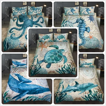 

3D Digital Printing Squid Whale Bedding Set Sea Bed Linings Home Textile Marine Life Pattern Duvet Cover Quilt