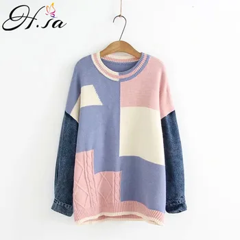 

H.SA sueter mujer invierno 2019 Oneck Patchwork Knit Sweater Jumpers Oversized Korean jeans Sweater robe pull casaco feminino