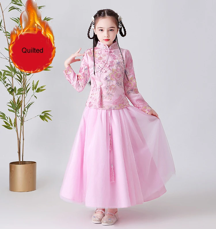 pink 1 quilted Платье с цветочным узором для девочек в китайском стиле; платье для свадебной вечеринки; вечернее платье на Рождество; длинный костюм для девочек; детское нарядное платье принцессы - Цвет: pink 1 quilted