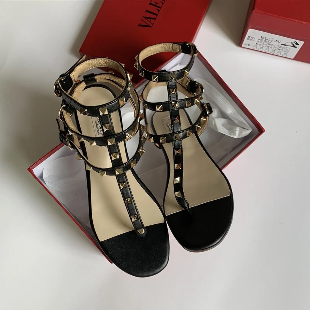 Luxury Brands Womens Fashion Rivet Sandals Summer  Girls Casual Sandals Leather Flat Flat Rivet Sandals