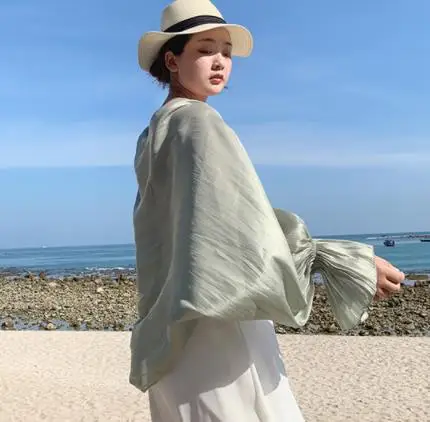 WHITNEY WANG блузки весна лето фонарь рукав шаль с эффектом металлик блузка женская Blusas Пляжная накидка Топ кимоно Туника Mujer - Цвет: Мятный