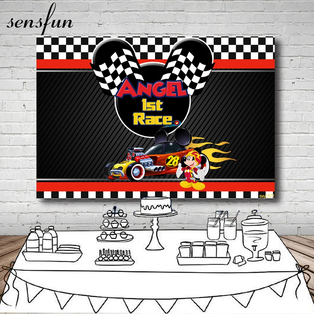 

Sensfun Roadster Racers Mickey Boys Photography Backdrop Black White Buffalo Plaid Children Birthday Party Backgrounds Vinyl