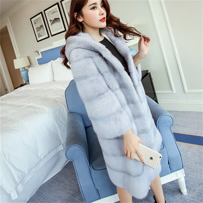 

Fur Coat 2019 Women Winter Mid-Long Skinned Mink Fur Overcoat Female With Hat Loose Elegant Overcoats