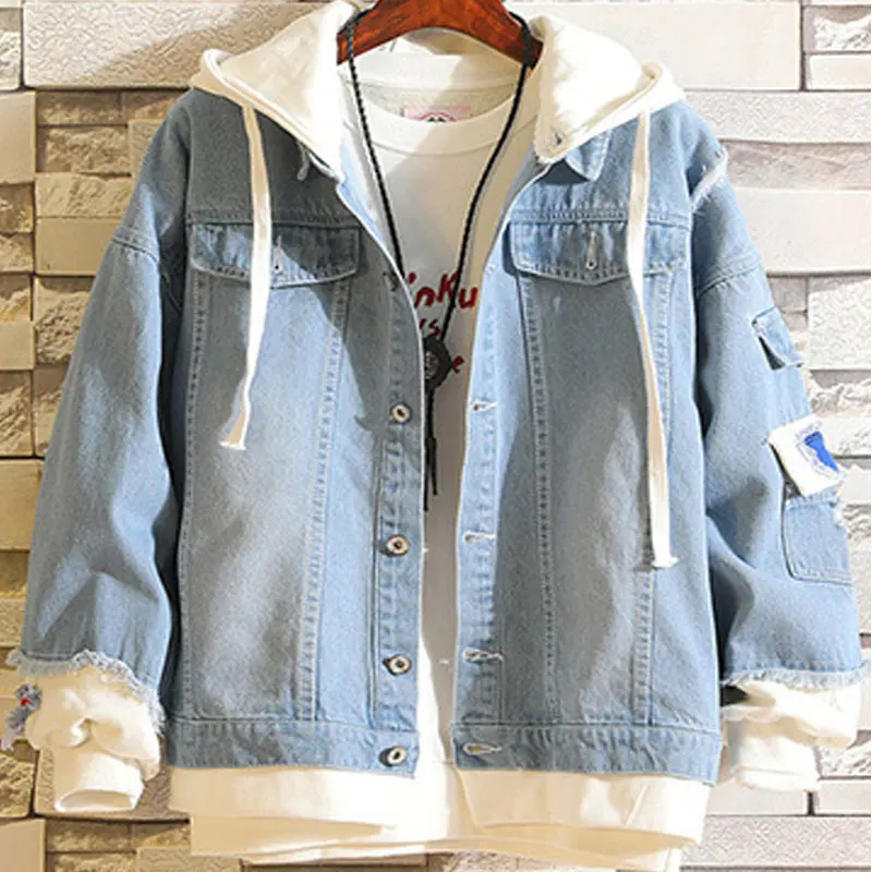 denim jacket on top of hoodie