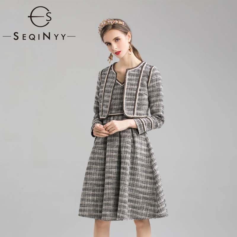 

SEQINYY Tweed Set 2020 Spring Autumn New Fashion Design Women Short Jacket + V neck Mini Vest Dress High Quality Grey Suit