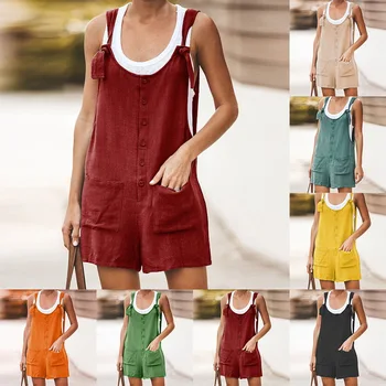 

2020 Summer Women's Elastic Waist Trousers Linen and Cotton sleeveless Playsuit Casual Loose suspenders Shorts Jumpsuits Romper