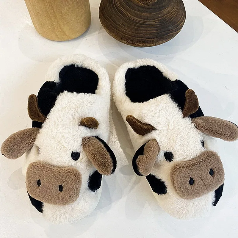 Cute Animal Slipper For Women Girls Fashion Kawaii Fluffy Winter Warm Slippers Woman Cartoon Milk Cow House Slippers Funny Shoes Funny Children Parent Adult Slippers House Slippers